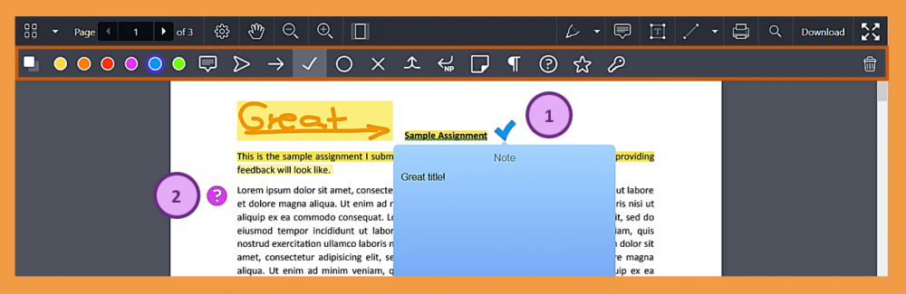 Screenshot of note examples in an annotated text and further customisation options via the menu bar at the top of the annotation page